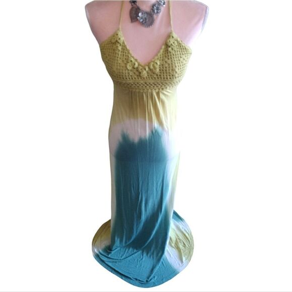 Y2K Yellow Green Tie Dye Viscose Embroidered Halter Maxi Dress Medium - Picture 4 of 16